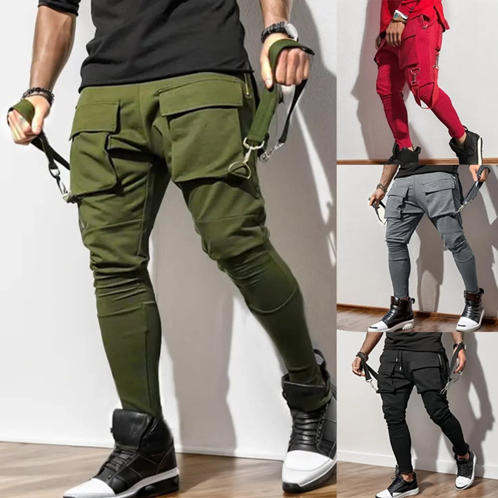 Men's Multi-Pocket Overalls with Zipper Large Pocket - Solid Color Sports Pants